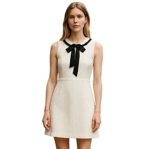 CeCe White Size 8 Tweed Dress with Contrast Bow Frayed Trim, Sleeveless